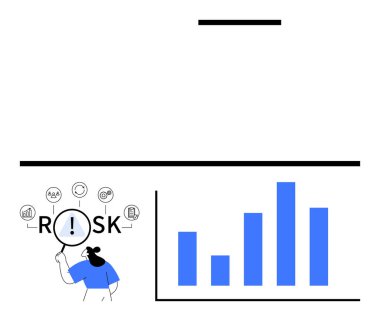Bir bar tablosunun yanında veri eğilimlerini gösteren RISK sözcüğünü vurgulayan büyüteç. İş değerlendirmesi için ideal, risk yönetimi, veri analizi, finans, karar verme mekanizması, strateji, soyut çizgi