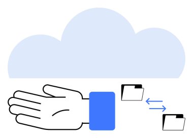 El destek bulutu, veri transferini gösteren mavi oklu iki klasör. Teknoloji, veri depolama, bulut bilgisayarı, dosya paylaşımı, dijital güvenlik, uzaktan erişim için ideal. Çizgi