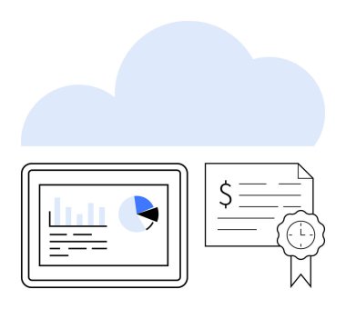 Finansal veri grafiklerini gösteren dijital tablet, mali bilgili kağıt, kurdeleli sertifika, arka planda büyük bulut sembolü. Bulut hesaplama, finans ve veri için ideal