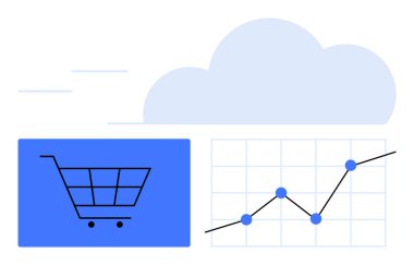 Alışveriş arabası ikonu, bulut ve yükselen trend grafiği. E-ticaret, çevrimiçi ticaret, satış büyümesi, veri analizi, bulut hesaplaması, pazar eğilimleri tüketici davranışı soyut düz çizgi metaforu için ideal