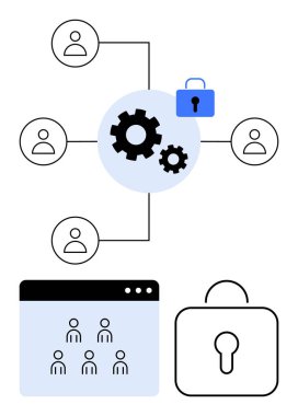 Dişliler takım çalışmasını temsil eden kullanıcı düğümlerine bağlanır. Kilitler gizlilik ve güvenliği ön plana çıkarır. Siber güvenlik, takım çalışması, işbirliği araçları, çevrimiçi gizlilik, güvenli platformlar, veri paylaşımı için ideal