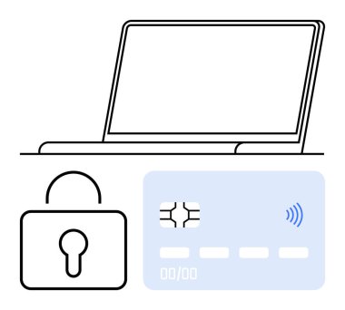 Bilgisayarın ana hatları, asma kilit ve siber güvenliği, güvenli ödemeleri ve veri korumasını vurgulayan bağlantısız kredi kartı. Teknoloji, internet bankacılığı, e-ticaret, şifreleme Fintech mahremiyeti için ideal