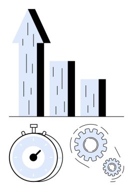 Yukarı doğru ok, kronometre ve birbirine bağlı vitesli dikey çubuk grafiği büyüme, verimlilik ve takım çalışması sağlıyor. Ticari başarı, optimizasyon, zaman yönetimi, strateji yeniliği için ideal