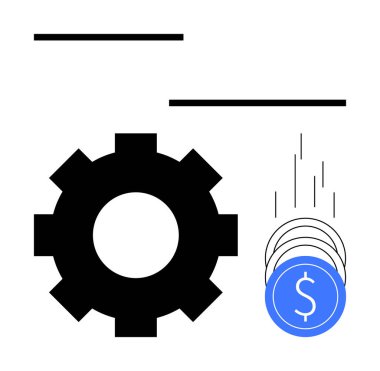 Verimliliği ve finansal büyümeyi gösteren dolar işaretli siyah dişliler ve mavi paralar. İş stratejisi, üretkenlik, mali yönetim, yatırım, maliyet verimliliği, ekonomik