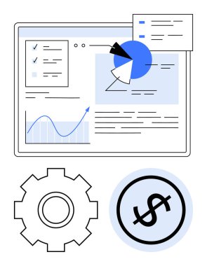 Grafik, pasta çizelgesi ve görev listesi ile etkileşimli bir panel, dişli ve dolar simgesi ile çevrili. Analiz, finans, strateji, yönetim, verimlilik planlaması için ideal düz çizgi metaforu