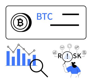 Bitcoin ikonu, büyüteçli bar tablosu ve riski analiz eden kadın. Kripto para birimi eğilimleri, risk yönetimi, yatırım analizi, veri içgörüleri, mali okur yazarlık, piyasa dengesizliği için ideal