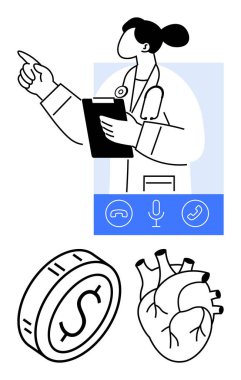Pano işaretlemesi, dolar parası ve insan kalbi taslağı ile profesyonellik sağlık hizmetlerini, online istişareleri, finansmanı, sigortayı, tıbbi erişimi, politikaları ve refahı sembolize eder. Soyut satır düzlüğü