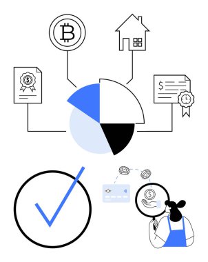 Bitcoin, ev ve sertifikalara bağlı pasta grafiği. Aşağıda büyük bir kontrol işareti var. Büyüteç ve ekran kullanarak analitiği değerlendiren kişi. Finans, yatırım, gayrimenkul için ideal