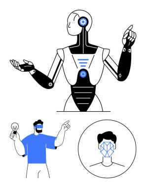 Robotik insansı jestler dinamik olarak, insan VR kulaklığı ile ampul fikri, yüz tarama ikonu ile etkileşir. AI, VR, robotik, yenilik, yüz tanıma, teknoloji soyut çizgisi için ideal