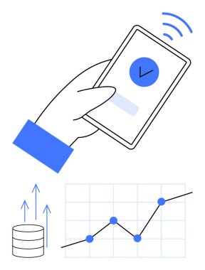 Akıllı telefonla el etkileşimi başarılı bir kontrol işareti oluşturur. Yükselen grafik ve veri depolama süreci, analitiği ve büyümeyi sembolize ediyor. Teknoloji, iş, başarı, uygulama arayüzü ve finans için ideal