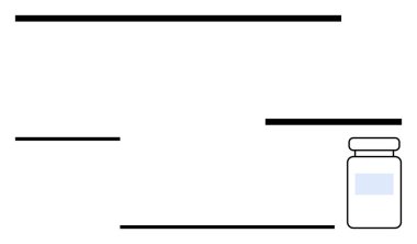 Sağdaki aşı şişesi kalın yatay çizgiler ve beyaz arkaplan ile sağlık, ilaç, bağışıklık, önleme, minimalizm, bilim iletişimi, soyut düz metaforu temsil ediyor.
