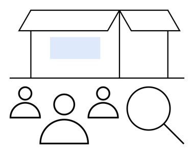 Üç insan figürlü ev ikonu ve bir büyüteç. İşe alım, insan kaynakları, takım çalışması, iş arama, analiz, konut, kamu binası için ideal. Soyut çizgi düz metafor