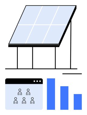 Kullanıcı arayüzü ekranı olan güneş paneli veri ölçümlerini görselleştiren kullanıcı simgelerini ve bar grafiğini gösteriyor. Enerji teknolojisi, sürdürülebilirlik, yenilik, veri görselleştirme, yeşil çözümler, yenilenebilir kaynaklar için ideal