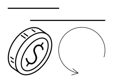 Dolar işaretli sikke ve büyük kıvrımlı bir ok döngü oluşturuyor. Finans, döviz kurları, ödemeler, işlemler, iş planlaması, bankacılık, soyut çizgi düz metaforu için ideal