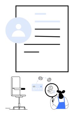 Kişisel ayrıntı simgesine sahip iş başvuru formu, büyüteçle detayları kontrol eden başvuru formu, görüşme koltuğu, mavi aksanlar. İşe alım için ideal, kariyer tavsiyesi, inceleme, insan kaynakları, iş arama