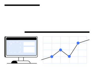 Masaüstü bilgisayarı, yükselme eğilimli bir büyüme grafiğinin yanında. Teknoloji, analitik, iş büyümesi, mali başarı, istatistik, stratejik planlama, soyut düz metafor için ideal