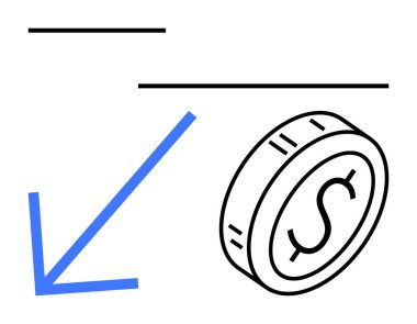 Mavi ok bir dolar sembolü ile eğik bir madeni paranın yakınını gösteriyor, düşüşü, finansal kaybı, değer kaybını, eğilimleri, riskleri, ekonomiyi ve soyut düz metaforu sembolize ediyor