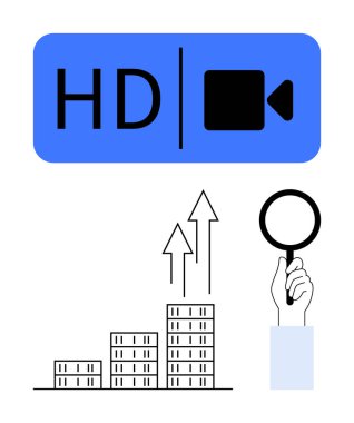 Oklu HD video ikonu, analitiği, görüntü kalitesini ve iş büyümesini vurgulayan büyüteç. Strateji, performans, medya, ilerleme ve video için ideal