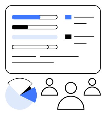 İlerleme çubukları tamamlama seviyelerini gösterir, pasta grafiği veri dağılımını gösterir ve kullanıcı avatarları takım üyelerini temsil eder. Analiz, takım çalışması, proje izleme, raporlama, araştırma, UIUX modern