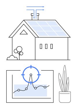 Güneş panelli ev, performans ölçülü veri grafiği, rüzgar akış okları, bitki süslemesi. Yenilenebilir enerji, akıllı evler, veri bilimi, eko-yaşam, verimli yeşil teknoloji soyut