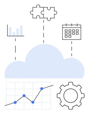 Merkezi bulut bağlantı çubuğu grafiği, bulmaca parçaları, takvim, dişli ve trend çizelgesi. Veri entegrasyonu, bulut hesaplaması, analitik, üretkenlik organizasyonu iş akışı için ideal soyut çizgi
