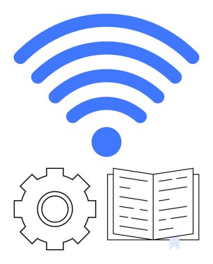 Mavi kablosuz sinyal açık kitap ve teçhizatın üstünde. Teknoloji, bağlantı, öğrenme, iletişim, yenilik ve eğitimi temsil ediyor. E- öğrenim için ideal, teknoloji dijital dönüşüm için soyut rehberlik eder
