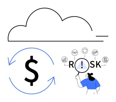 Bulut çizgisi, dolar işareti finans akışını sembolize eden kişi büyüteç ve sistem simgeleriyle RISK 'i analiz eden kişi. Fintech, bulut depolama, ekonomi, risk değerlendirmesi ve veri için ideal