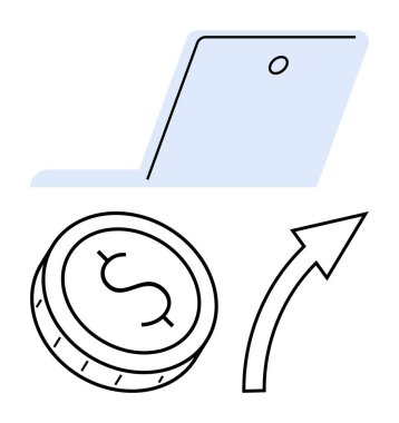 Dolar işaretli bozuk para, yükselen ok ve teknoloji yoluyla finansal büyüme ima eden dizüstü bilgisayar. Fintech, yatırım, dijital bankacılık, e-ticaret, finansal planlama, teknoloji için ideal