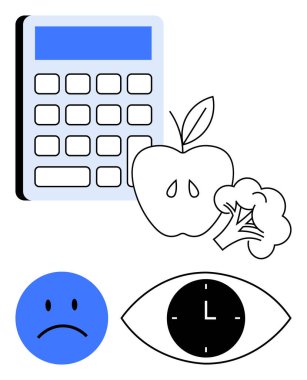 Hesap makinesi, elma, brokoli, üzgün yüz, gözdeki saat beslenme, zaman yönetimi ve duyguları simgeliyor. Sağlık için ideal, sağlık tercihleri üretkenlik için kendi kendine bakım için farkındalık için zaman takibi