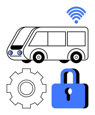 Kablosuz sembollü otonom otobüs, vites simgesi, bağlantı, otomasyon, güvenlik, teknoloji, yenilik, akıllı hareket kabiliyetini temsil eden asma kilit. IoT teknoloji entegrasyonu için ideal
