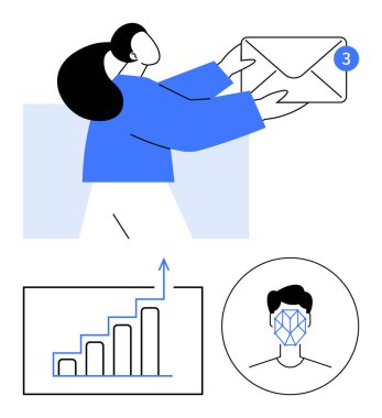 Bildirimli bir zarfa uzanan kadın, büyüme oklu bir çubuk grafik, yüz tanıma. İletişim, teknoloji, analitik, iş, yapay zeka, soyut veri hattı düz metaforu için ideal