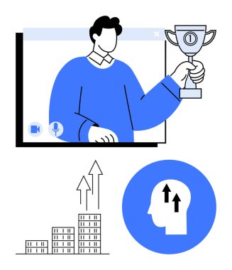 Video arayüzü içinde bir kupa tutan kişi, büyümeyi gösteren bar çizelgesi ve yukarı doğru düşünmeyi temsil eden kafa simgesi. Uzak başarılar, başarı, liderlik, büyüme zihniyeti için ideal