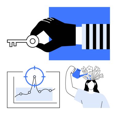 Potansiyelin kilidini açmak için anahtar, odaklanma ve strateji için hedef noktası olan çizelge, yaratıcılığı ön plana çıkaran çiçekleri sulayan kadın. Kişisel büyüme, yenilik, vizyon, strateji için ideal