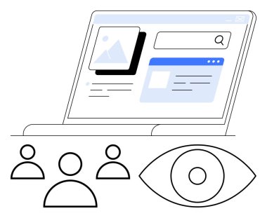 Çevrimiçi içerik kartları, arama çubuğu, insan simgeleri ve geniş gözlü dizüstü bilgisayar ekranı. Web tasarımı için ideal, SEO, kullanıcı katılımı, analitik, dijital pazarlama teknolojisi ve soyut düz metafor