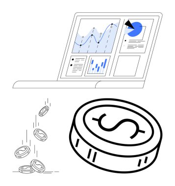 Bozuk paraların düşmesi ve büyük bir madeni para maddi büyümeyi işaret ederken, bilgisayar ekranında analitik grafikler ve grafikler gösteriliyor. Finans, yatırım, büyüme, teknoloji, analiz, iş için ideal