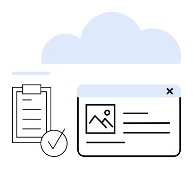 Belge kontrol listesi, işaret işareti ve dosya önizleme penceresi olan bulut grafiği. Veri organizasyonu, depolama, verimlilik, görev izleme, uyum, dijital araçlar için ideal düz çizgi metaforu