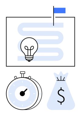 Dönemeçteki ampul bayrak, kronometre izleme süresi ve ödülü temsil eden para çantası ile bitiyor. Üretkenlik, hedefler, yenilik, planlama, verimlilik, başarı için ideal düz çizgi