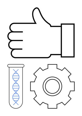 Onaylama sembolü, genetik için DNA sarmalı test tüpü ve teknoloji için vites. Biyoteknoloji, yenilik, takım çalışması, araştırma, bilim, gelişim ve soyut başarı için ideal