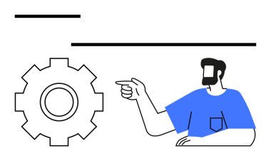 Mavi gömlekli sakallı adam bir vitesi işaret ediyor. İşlem gelişimini, iş akışını ya da verimliliği simgeliyor. Takım çalışması, yenilik, strateji, iş operasyonları, teknoloji, optimizasyon için ideal