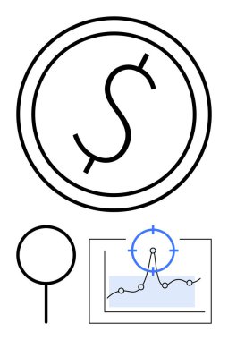 Para ve büyüteç odak sembolü ile çizgi grafik analizine bağlandı. Finans, yatırım, bütçe, istatistik, ekonomi, karar verme, veri yorumlama için idealdir. Soyut satır düzlüğü