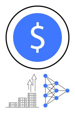 Mavi bir dairedeki dolar işareti, büyümeyi simgeleyen oklarla gökdelen çubuk grafiği ve bağlantı noktalarını gösteren ağ düğümleri. Finans, iş dünyası, ekonomi, analitik, yatırım, yapay zeka için ideal