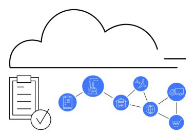 Bulut ana hatları kontrol listesini ve lojistik ikonları fabrikasını, depoyu, nakliyeyi ve ticareti birbirine bağlıyor. Lojistik, tedarik zinciri, otomasyon, bulut hesaplama, teknoloji üretkenliği için ideal
