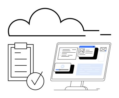 Dijital dosyaları gösteren masaüstü bilgisayarı, kontrol panosu ve yukarıda soyut bir bulut olan kontrol panosu. Veri yönetimi, bulut depolama, üretkenlik, çevrimiçi görevler, iş akışı, dijital