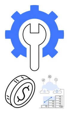 Vites ve ingiliz anahtarı entegrasyon resmi, dolar işareti madeni para, veri simgeli bulut sunucusu. Finans, teknoloji, bulut araçları, sistem bakımı, yenilik, iş büyümesi soyut çizgisi için ideal