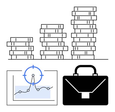 Madeni para yığınları finansal büyümeyi simgeler, nokta işaretli bir grafik veri analizini vurgular ve bir evrak çantası iş stratejisini simgeler. Finans, yatırım, analitik ve ekonomik başarı için ideal