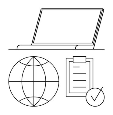 Laptop, globe, checklist, and checkmark represent global communication, task management, and productivity. Ideal for remote work, technology, education project planning global business smart clipart