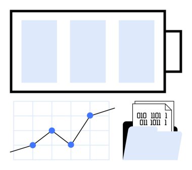 Batarya simgesi, yükselen eğilimli satır grafiği, dizindeki veri dosyaları. Analiz, enerji, teknoloji, verimlilik, verimlilik dijital depolama kavramları için idealdir. Soyut çizgi düz metafor