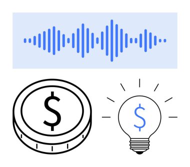 Mavi ses dalgası, dolar işareti olan para ve parlayan ampul fikirleri, teknolojiyi ve para birimini sembolize ediyor. Fintech, girişimler, dijital ekonomi, ses teknolojisi yenilik sektörü büyümesi için ideal