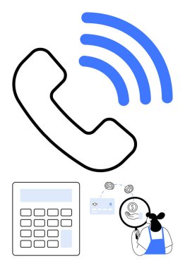 İletişim dalgaları olan büyük bir telefon ikonu, finansal haritayı analiz eden bir kadın, hesap makinesi, e-posta ikonu. İş, finans, teknoloji, iletişim, müşteri hizmetleri verimliliği işyeri için ideal