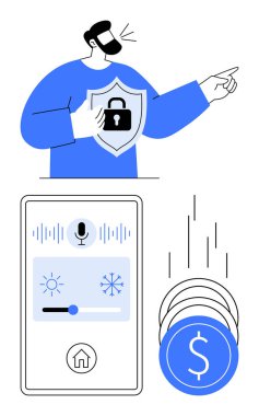 Konuşurken kilit tutan adam, akıllı telefon akıllı ev kontrollerini ve birikimleri temsil eden bozuk paraları gösteriyor. Güvenlik, finans, teknoloji, akıllı evler, uygulama tasarımı, yatırım yenilikçiliği için ideal